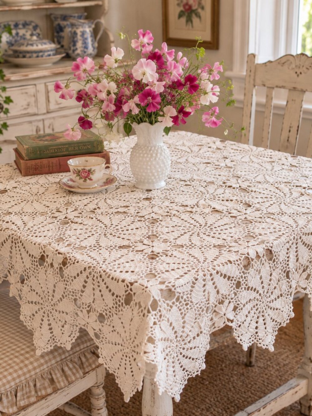 Vintage Hand Crocheted White Cotton Tablecloth 38" x 38" Floral Lace Cottagecore